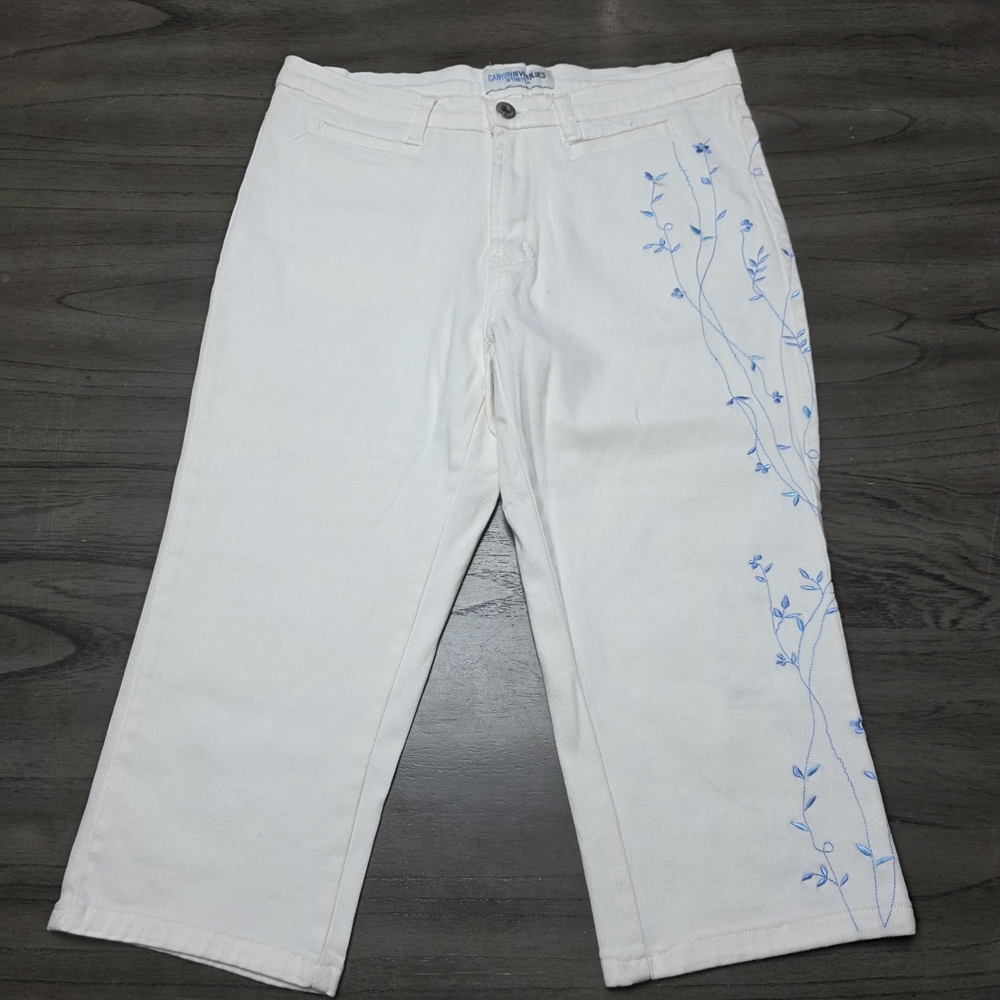 Canyon River Blues White Pants with Blue Floral Embroidery